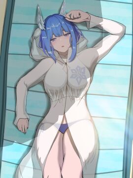 1girls alternate_costume bangs bare_thighs bikini blue_bikini blue_eyes blue_hair blue_swimsuit breasts coat female female_only fire_emblem fire_emblem_heroes hood large_breasts light_blue_hair long_sleeves matchanosuke_fe nifl_(fire_emblem) nintendo official_alternate_costume on_back outdoors short_hair solo swimsuit thighs