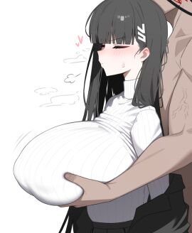 1boy1girl 2025 aerolae black_hair blue_archive blush breast_grab breasts brown_skin closed_eyes clothed clothing color colored embarrassed female heart hi_res huge_breasts light-skinned_female light_skin male male/female millennium_science_school_student rio_(blue_archive) seminar_(blue_archive) simple_background sweat sweatdrop vein white_background white_skin yzr_(yzr99)