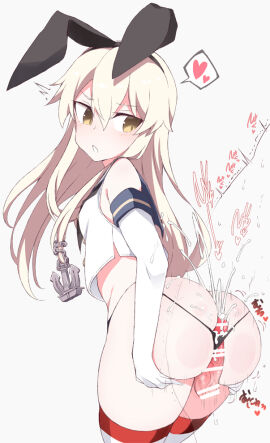 1boy 2d anchor_hair_ornament angry animal_ears black_panties blonde_hair blue_sailor_collar breasts buttjob cum cum_on_ass cum_on_body cum_on_clothes ejaculation elbow_gloves female gloves hair_ornament heart kantai_collection kneehighs long_hair looking_back male off_shoulder open_mouth panties penis rabbit_ears sailor_collar school_uniform serafuku shigino_sohuzi shimakaze_(kantai_collection) sleeveless socks solo_focus spoken_heart straight string_panties striped_clothes striped_socks tagme underwear white_gloves white_serafuku wide_hips