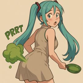 1girls ai_generated clothing dress fart fart_cloud fart_fetish farting hatsune_miku huge_ass looking_back open_mouth simple_background solo solo_focus surprised vocaloid