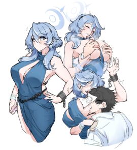 1boy absurdres ako_(blue_archive) ako_(dress)_(blue_archive) biting blue_archive blue_dress blue_eyes blue_hair breast_biting breasts cleavage cleavage_cutout clothing_cutout commentary doodle_sensei_(blue_archive) dress female grabbing grabbing_another's_breast halo highres large_breasts male official_alternate_costume sensei_(blue_archive) sleeveless sleeveless_dress smugigante teeth upper_teeth