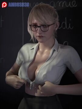 3d 3d_animation ambus3d animated ashley_graham ashley_graham_(ella_freya) blonde_hair blue_eyes breasts breasts_out capcom female female_focus female_only flashing flashing_breasts glasses resident_evil resident_evil_4 resident_evil_4_remake school_uniform schoolgirl shirt tagme tied_shirt video