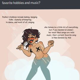 1girls ask_blog big_hair breasts brown_hair female hidden_genitals in_shower navel nude open_mouth pasties poshie poshmoon shower showering simple_background singing singing_in_the_shower small_breasts solo standing steam text