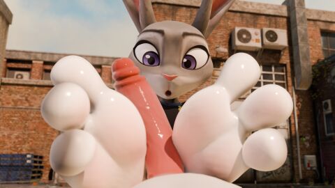 3_toes 3d_(artwork) :o absurd_res anthro barefoot clothing digital_media_(artwork) disney duo feet female foot_fetish foot_play footjob genitals hi_res humanoid_genitalia humanoid_penis judy_hopps lagomorph leporid male male/female mammal open_mouth penis police police_uniform rabbit sex toes twintails3d two-footed_footjob uniform zootopia