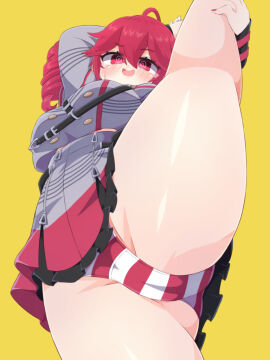 1girls 2d 2d_(artwork) ahoge artist_request big_breasts blush blush_lines breasts cameltoe clothed clothed_female clothing female female_only huge_thighs kasane_teto kasane_teto_(sv) large_breasts leg_up lifting_leg nail_polish one_leg_up painted_nails panties pantyshot plump plump_labia pussy pussy_lips red_eyes red_hair shiny_skin skirt solo solo_female striped_panties synthesizer_v thick_thighs thighs twin_drills upskirt utau visible_pussy