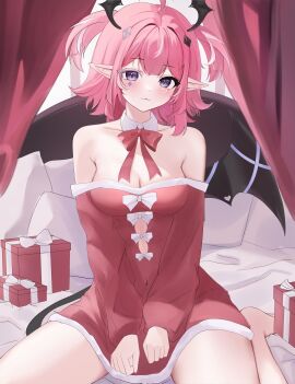 ahoge bare_shoulders bow breasts camila_(vtuber) cleavage demon demon_girl demon_tail detached_collar dress female gift indie_virtual_youtuber looking_at_viewer marking_below_eyes medium_breasts medium_hair pillow pink_hair pointy_ears purple_eyes santa_costume sitting solo succubus tail virtual_youtuber wings