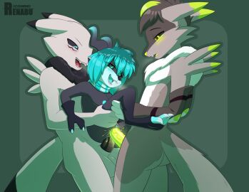 acydamon anal anthro arm_spikes arm_tuft ass azuramon bandai_namco black_ear_tips black_sclera black_tail_tip blue_ear_tips blue_highlights blush bodily_fluids canid canine cheek_markings chest_tuft claws clitoris clothing digimon digimon_(species) dipstick_ears dipstick_tail double_penetration ear_markings ears_down ears_up erect_nipples erection eye_contact facial_markings fangs female fingerless_gloves fluffy fluffy_tail genital_fluids genitals glazed_penis gloves glowing glowing_eyes glowing_genitalia glowing_hair glowing_penis green_ear_tips green_highlights group hair handwear head_markings hi_res highlights_(coloring) holding_another imp impmon looking_at_another male male/female markings mmf_threesome monster monster_boy multicolored_ears multiple_boys nipples open_mouth open_smile penetration penis pivoted_ears pussy renabu renabu_(character) renamon sandwiched scarf shoulder_spikes shoulder_tuft size_difference smile spikes spikes_(anatomy) steamy_breath tail tail_markings teeth tongue trio tuft vaginal_fluids vaginal_penetration