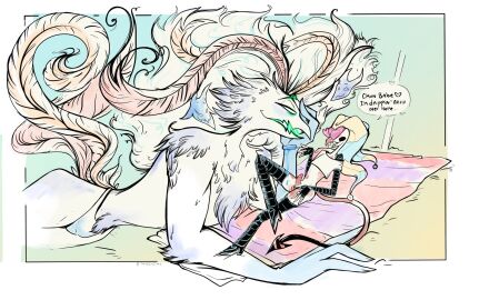 2024 2boys 2d amputee asmodeus_(helluva_boss) border border_collie color dialogue english_dialogue english_text erect_penis erection feathers fizzarolli_(helluva_boss) genitals hat helluva_boss imp looking_at_another male mostly_nude penis popsicle prosthetic prosthetic_arm prosthetic_leg prosthetic_limb size_difference summer sunglasses tail teasing text text_bubble towel twiggietime underwear vivienne_medrano watermark