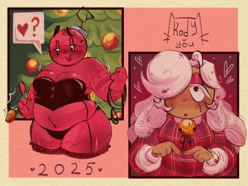 2girls bbw bobette_(dandy's_world) bondage_gear christmas christmas_outfit christmas_present christmas_tree chubby chubby_female cleavage clothed_female collar dandy's_world dandys_world female female_only ginger_(dandy's_world) holding_object invalid_tag kodylikesyou offering_sex sexy_clothing thick