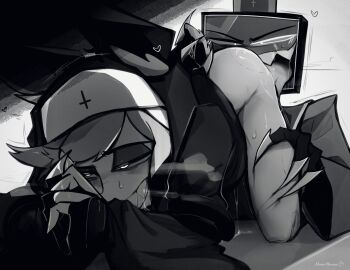 69 2024 69_position alastor_(hazbin_hotel) antlers artist_request deer deer_ears deer_humanoid demon demon_boy demon_humanoid gay hazbin_hotel humanoid hybrid male monochrome nun priest rimming tv vox_(hazbin_hotel)
