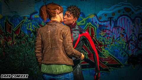 3d female graffiti kiss kissing marvel marvel_comics mary_jane_watson miles_morales spider-man_(series) wall