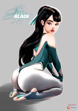 1girls android android_girl ass ass_focus back_view bangs bare_shoulders big_ass big_breasts big_butt black_fur black_hair bodysuit breasts brown_eyes bubble_ass bubble_butt dark_hair eve_(stellar_blade) feet female female_focus female_only food green_toenails high_ponytail kneeling leggings legwear light-skinned_female light_skin lipstick long_hair medium_breasts mozartav painted_toenails pale-skinned_female pale_skin playstation ponytail shoulders soles solo stellar_blade stirrup_legwear tight_clothing toeless_legwear toenail_polish toes underfoot