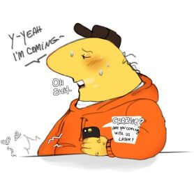 1boy anthro blushing charlie_(smiling_friends) charlie_dompler clothed critter_(smiling_friends) english_text fat_male humanoid little_caesars male male_only masturbation no_humans no_visible_genitalia non-human non-human_only offscreen_masturbation overweight_male phone phone_call smiling_friends solo_male sweat sweating tagme tagme_(artist) unknown_artist yellow_skin