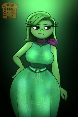 2024 2d 2d_(artwork) 2d_artwork anthro beanontoast belt big_breasts breasts clothed clothing curvy curvy_body curvy_female curvy_figure curvy_hips digital_art digital_drawing_(artwork) digital_media_(artwork) disgust_(inside_out) disney dress female green_clothing green_hair green_skin hand_on_hip humanoid inside_out pixar sparkles thick_thighs unamused wide_hips