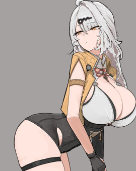 1girls azz0422 black_shorts breasts cleavage female grey_hair highres large_breasts light-skinned_female light_skin looking_at_viewer short_shorts shorts sweat thick_thighs thighs wide_hips yellow_eyes yin_yang yixuan_(zenless_zone_zero) zenless_zone_zero