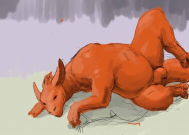 2011 animal_genitalia anthro balls belly colored dragon genitals guide_lines jeri_kleinlowe looking_at_viewer lying male musclegut muscular mythological_creature mythological_scalie mythology nude nude_male on_side overweight red_body scalie sheath simple_background smile smiling_at_viewer solo spread_legs spreading tail