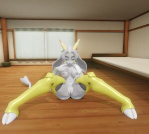 3d 5_fingers anthro antlers armor blue_eyes bracelet breasts clothing digital_media_(artwork) female fingers genitals grey_body hooves horn jackalope jewelry lagomorph legwear mammal muscular muscular_female pseudoregalia pussy solo spread_legs spreading sybil_(pseudoregalia) yuri_dafunnyman