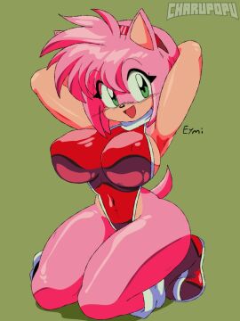 2025 amy_rose charupopu clothed clothing female fur glistening glistening_body glistening_skin green_eyes hair kurocharu looking_at_viewer multicolored_body multicolored_fur one_body pink_hair retro_artstyle sega simple_background smile sonic_the_hedgehog_(series) tagme two_tone_body two_tone_fur