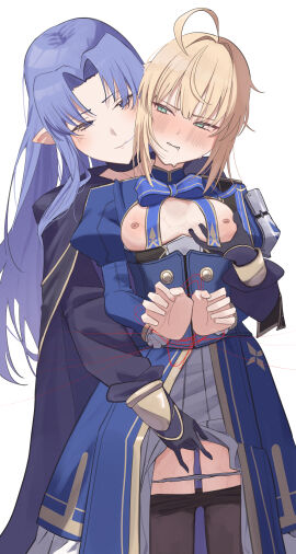 2girls absurdres ahoge armor artoria_pendragon artoria_pendragon_(fate) black_cloak blonde_hair blue_bow blue_dress blue_eyes blue_hair blush bondage bound bound_wrists bow breasts cape cloak clothes_pull commission dress fate/stay_night fate_(series) female fingering fingering_from_behind from_behind green_eyes groping highres honkai:_star_rail honkai_(series) hug hug_from_behind long_hair medea_(caster)_(fate) medea_(fate) multiple_females multiple_girls nemu_(jdgz3357) nipples panties panty_pull pantyhose pantyhose_pull pauldrons pixiv_commission pointy_ears saber_(fate) saber_(honkai:_star_rail)_(fate) saliva short_hair shoulder_armor single_pauldron small_breasts sweat thread underwear white_dress yuri