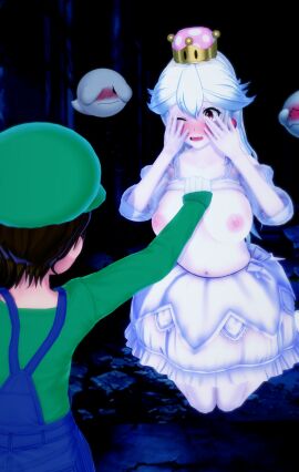 1boy 1girls 3d assisted_exposure black_hair blue_overalls blush blushing boo_(mario) boosette breasts breasts_out clothing covering_eyes crown duo exposed_breasts female ghost ghost_girl gloves green_hat green_shirt hovering indoors koikatsu large_breasts lifting_shirt long_hair luigi luigi's_mansion male mario_(series) nintendo nipples no_bra open_mouth overalls pink_nipples shy white_body white_dress white_gloves white_hair witchanon