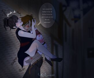 alastor_(hazbin_hotel) alley alleyway artist_name black_hair brown_hair dominant female glasses hazbin_hotel human kikuroudo male male/female original_character penetration pinned possessive rough_sex straight wall