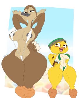 20th_century_fox 20th_century_studios absurd_res anas anatid anseriform anthro arm_feathers avian beak big_breasts bikini bird blue_sky_studios breasts brown_body canary clothing crossover curvy_female dabbling_duck duck duo erect_nipples feathers female finch hands_behind_head happy hi_res illumination_entertainment looking_at_another looking_at_viewer mallard migration_(film) nico_(rio) nipples one-piece_swimsuit oscine pam_mallard_(migration) passerine rio_(series) rule_63 seaside seductive short_stack size_difference smaller_female swimwear tail tail_feathers thelordjoshua1 thick_thighs two-piece_swimsuit universal_studios watermark white_bikini white_clothing white_swimwear wide_hips yellow_body