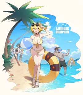 balls beach beach_ball beech_volleybrrr bikini black_hair blonde_hair crab don_quixote_(limbus_company) floatie heathcliff_(limbus_company) ishmael_(limbus_company) limbus_company literature male orange_hair palm_tree plant project_moon public_domain ryoshu_(limbus_company) sinclair_(limbus_company) starfish sunglasses swimsuit sword tagme water