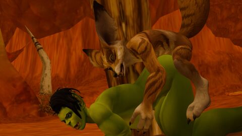 2boys 2girls anal anal_sex anthro anthro_on_female anthro_penetrating bigger_female blizzard_entertainment bordo day doggy_style female female_orc fox_ears fox_humanoid fox_tail green_skin male male/female muscular muscular_female orc orc_(warcraft) orc_female orgrimmar outdoors outside smaller_male umbralwarden valgra vulpera vulpera_male warcraft world_of_warcraft
