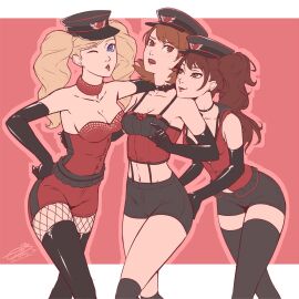 3girls alternate_costume ann_takamaki ass ass_grab atlus blonde_hair blowing_kiss brown_hair choker cleavage clothed clothed_female clothing crop_top dominatrix female female_focus female_only fishnets fully_clothed hands_on_ass hat hi_res highres human kujikawa_rise light-skinned_female light_skin long-haired_female long_gloves long_hair lovers_arcana megami_tensei midriff omniformblue pale_skin persona persona_3 persona_4 persona_5 persona_5:_dancing_star_night sega shiny_clothes short-haired_female short_hair short_shorts shorts simple_background stockings thighhighs twintails wink winking_at_viewer yukari_takeba yuri