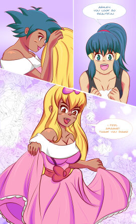ashley_ketchum beforu blonde_hair blonde_wig blue_eyes blue_hair bow_ribbon bra breast_forms breasts brown_eyes bulge bulge_through_clothing bulge_under_clothes comic comic_page crossdressing dawn_(pokemon) detailed_background dialogue digital_art digital_drawing_(artwork) digital_media digital_media_(artwork) dress erect_penis erection erection_under_clothes erection_under_clothing erection_under_dress fake_breasts female femboy feminization flechitas girly hair human lipgloss lipstick makeup male male/female nintendo penis penis_bulge pink_clothes pink_clothing pink_dress pokemon satoshi_(pokemon) speech_bubble speech_bubbles text text_bubble wig