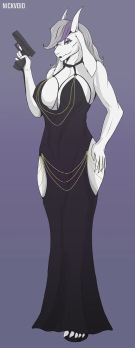 anthro bare_thighs berta_whitehorn big_breasts black_lips breasts dress female female_focus female_only glock goat green_eyes gun hand_on_thigh larger_female lips looking_at_viewer makeup modakawa_dress nickvoid purple_makeup simple_background taller_female thick_thighs white_body white_fur white_hair