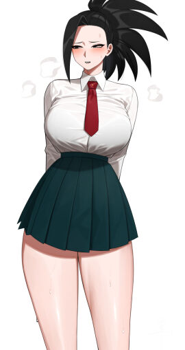 1girls arms_behind_back big_breasts black_eyes black_hair blush boku_no_hero_academia breasts diagonal_stripes female hair_pulled_back half-closed_eyes large_breasts looking_at_viewer momo_yaoyorozu my_hero_academia necktie pleated_skirt ponytail red_neckwear school_uniform senju_(snz0) shirt skirt smile solo striped sweat u.a._school_uniform white_shirt