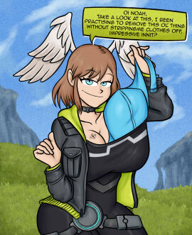alternate_version_available big_breasts bra bra_lift bra_removed breasts dialogue eunie_(xenoblade) female looking_at_another nintendo outdoors sitting smile sweater tattoo tattoo_on_chest text thick winged_humanoid wings wings_on_head xenoblade_(series) xenoblade_chronicles_(series) xenoblade_chronicles_3 yellowsalamander