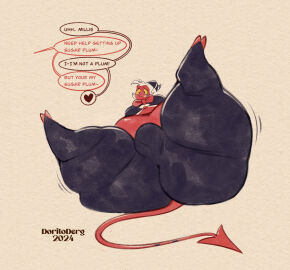 1boy ass belly bowtie breasts bulge bulge_through_clothing demon demon_boy doritoderg english_text fat helluva_boss hips imp large_ass male male_focus male_only male_with_breasts midriff moobs moxxie_(helluva_boss) overweight overweight_male red_body red_skin stomach text text_bubble thick_thighs thighs white_hair wide_hips