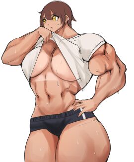 1girls big_breasts bodybuilder breasts extreme_muscles female hyper_breasts muscles musctonk muscular muscular_breasts muscular_female pecs sfw sports_shorts sports_uniform sweat tall_female tan-skinned_female tan_lines tan_skin tanlines tomboy