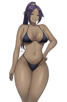 1girls ass big_ass bikini bleach dark-skinned_female dark_skin female hand_on_hip lazier long_hair looking_at_viewer mature mature_female ponytail purple_eyes shihouin_yoruichi smiling smiling_at_viewer solo solo_female thick thick_thighs yellow_body