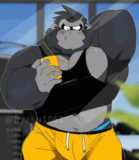 animated anthro anthro_only ass bara bara_ass bara_butt barazoku big_ass big_butt big_pecs black_clothing black_fur blue_clothing bouncing_ass bouncing_butt bubble_ass bubble_butt dat_ass dat_butt earrings gay grey_fur gym huge_pecs hyaku_(artist) longer_than_10_seconds male male_only muscular muscular_anthro muscular_male necklace oc orange_clothing original_character pecs phone recording shirt_lift shorter_than_30_seconds shorts tagme tank_top thong video wristband
