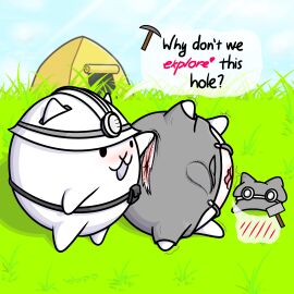 1:1 2025 absurd_res anus bbunnyhopp belt belt_pouch blush bodily_fluids bulge clothed clothing colored digital_drawing_(artwork) digital_media_(artwork) duo english_text eyewear felid feline gamatoto genital_fluids genitals glasses grass half_naked hammer hat headgear headwear hi_res male male/male mammal miner_helmet open_mouth ototo_(the_battle_cats) overalls penis pickaxe plant ponos_corp. shaded signature sky speech_bubble spread_anus spread_legs spreading tapering_penis tent text the_battle_cats tools torn_clothing waddling_head white_body