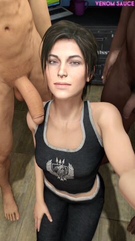 1girls 2boys 3d big_penis clothed_female_nude_male cuckold dark-skinned_male dark_skin female lara_croft lara_croft_(survivor) light-skinned_female light-skinned_male light_skin male penis penis_size_difference selfie small_penis smile_at_viewer source_filmmaker tomb_raider venomous_sausage