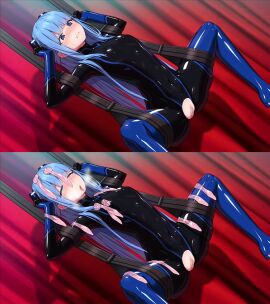 1girls ahe_gao aigis_blue angry before_and_after blue_eyes blue_hair bodysuit captured defeated defeated_heroine female latex mind_control no_future purinpu pussy resisting restrained sex_slave superheroine tokumei_shoujo_aigis_pink torn_clothes training