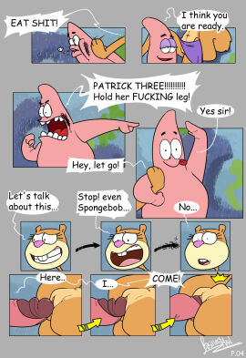 1girls 3boys anthro brown_fur businessman_(artist) comic dialogue english_text erection female holding_leg huge_cock interspecies kicking large_penis male male/female mammal nickelodeon nude nude_female nude_male open_mouth page_4 page_number patrick_star penis penis_in_pussy pink_nose profanity pussy rodent sandy_cheeks signature slap speech_bubble spongebob_squarepants squirrel starfish tail text text_bubble tongue tooth tree_squirrel