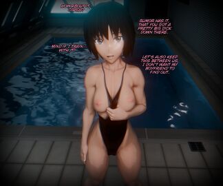 1girls 3d 3d_(artwork) amagami bare_thighs black_hair breasts caption cheating cheating_female cheating_girlfriend cuckold cuckolding dialogue female grey_eyes imminent_sex looking_at_viewer medium_breasts nanasaki_ai netorare nipples ntr short_hair sic_phuck solo solo_female solo_focus swimsuit swimsuit_aside swimsuit_pull teenage_female teenager thighs