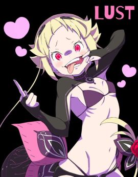 1girls belly belly_button bikini blonde_hair blush breasts capella_emerada_lugunica crazy_eyes female finger_in_mouth lust middle_finger mouth_hold purple_bikini re:zero_kara_hajimeru_isekai_seikatsu red_eyes ribs small_breasts smug tagme teeth tongue tongue_out