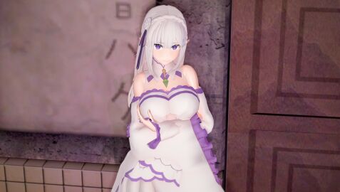 3d 3d_model bangs big_breasts breasts clothed clothing elf elf_ears elf_female emilia_(re:zero) female light-skinned_female light_skin long_hair looking_at_viewer purple_eyes re:zero_kara_hajimeru_isekai_seikatsu silver_hair smiling smiling_at_viewer