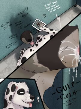 anthro bathroom bodily_fluids canid canine canis cum cum_in_mouth cum_inside cum_splatter cumshot dalmatian deepthroat dialogue domestic_dog drinking drinking_cum duo ejaculation erection fellatio free_use fur genital_fluids genitals glory_hole graffiti hi_res humanoid_genitalia insult insulting_partner koyhazar lotus_(mischievousone) male male/male male_penetrated male_penetrating mammal markings nude onomatopoeia open_mouth oral oral_penetration orgasm penetration penile penile_penetration penis procyonid profanity public public_restroom public_use raccoon richter_raccoon sex smile sound_effects spots spotted_body swallowing teeth text tongue tongue_out white_body white_fur