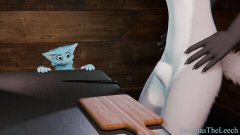 3d_(artwork) 3d_animation animal_genitalia animated anthro balls bananastheleech bedroom_eyes blue_body blue_fur bouncing_balls canid canine cutting_board digital_media_(artwork) duo ear_flick ears_up felid feline female flaccid foepaws fox fully_sheathed fur furniture genitals gloves_(marking) green_eyes grey_body grey_fur imminent_castration knife kraft_trio male male/female mammal markings multicolored_body multicolored_fur narrowed_eyes penis pink_nose seductive sheath short_playtime smile table white_body white_fur wide_eyed