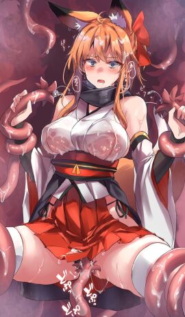 animal_ear_fluff animal_ears aqua_eyes bare_shoulders black_gloves black_panties black_scarf bondage breasts censored clothing_cutout detached_sleeves elbow_gloves female fingerless_gloves fox_ears fox_girl fox_tail gloves hair_ornament hakama hakama_short_skirt hakama_skirt highres japanese_clothes miniskirt mosaic_censoring multi_ear open_mouth orange_hair original panties red_skirt restrained sawaya_(mizukazu) scared scarf shirt side-tie_panties side_cutout skirt tail tentacle tentacle_on_female tentacle_pit tentacle_sex thighhighs underwear wet wet_clothes wet_shirt white_thighhighs wide_sleeves