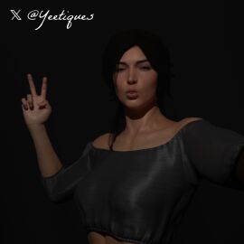 3d black_hair clothed female female_only kissing lara_croft looking_at_viewer peace_sign selfie selfie_pose tomb_raider tongue tongue_out yeetiques