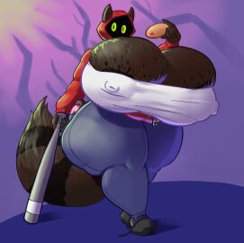 1girls anthro areola_bulge areola_slip areolae ass baseball_bat breasts brown_fur cleavage cro-iba crude-iba donuts_for_deer_teeth female female_focus female_only furry green_eyes hips hoodie_(dfdt) hyper hyper_breasts jacket large_ass large_breasts metal_baseball_bat nipple_bulge pastry raccoon thick_thighs thighs wide_hips zipper zipper_pull_tab