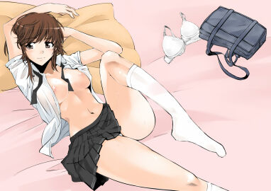 amagami blush bra breast_slip breasts brown_eyes brown_hair clothing cosaten female footwear kibito_high_school_uniform large_breasts lingerie messy_hair nipple_slip nipples no_bra open_clothes open_shirt panchira pantsu sakurai_rihoko school_uniform shirt short_hair short_sleeves skirt socks solo student teenage_female teenager underwear uniform wallpaper white_bra white_underwear